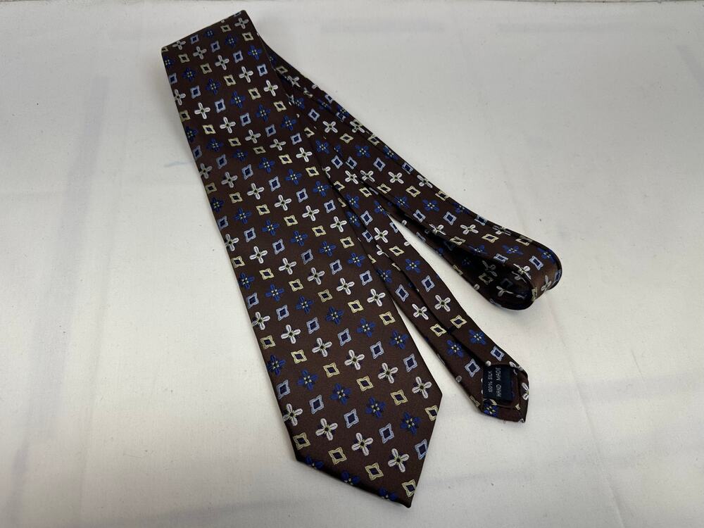 Beau Brummel Brown 100% Silk Tie with Blue & Yellow Geometric Shapes